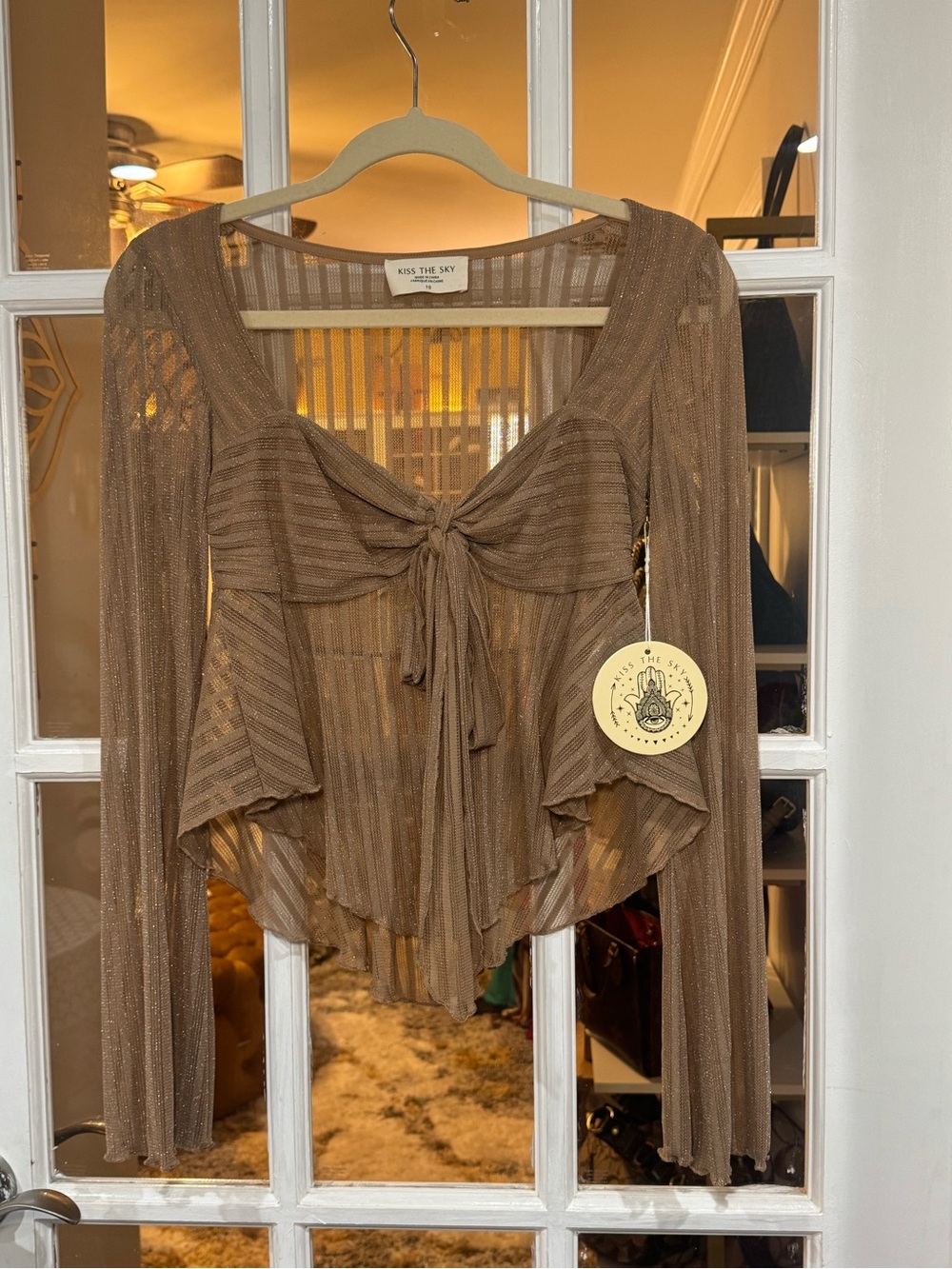 Kiss The Sky Brown Sheer Tie-Front Blouse Top Flowy